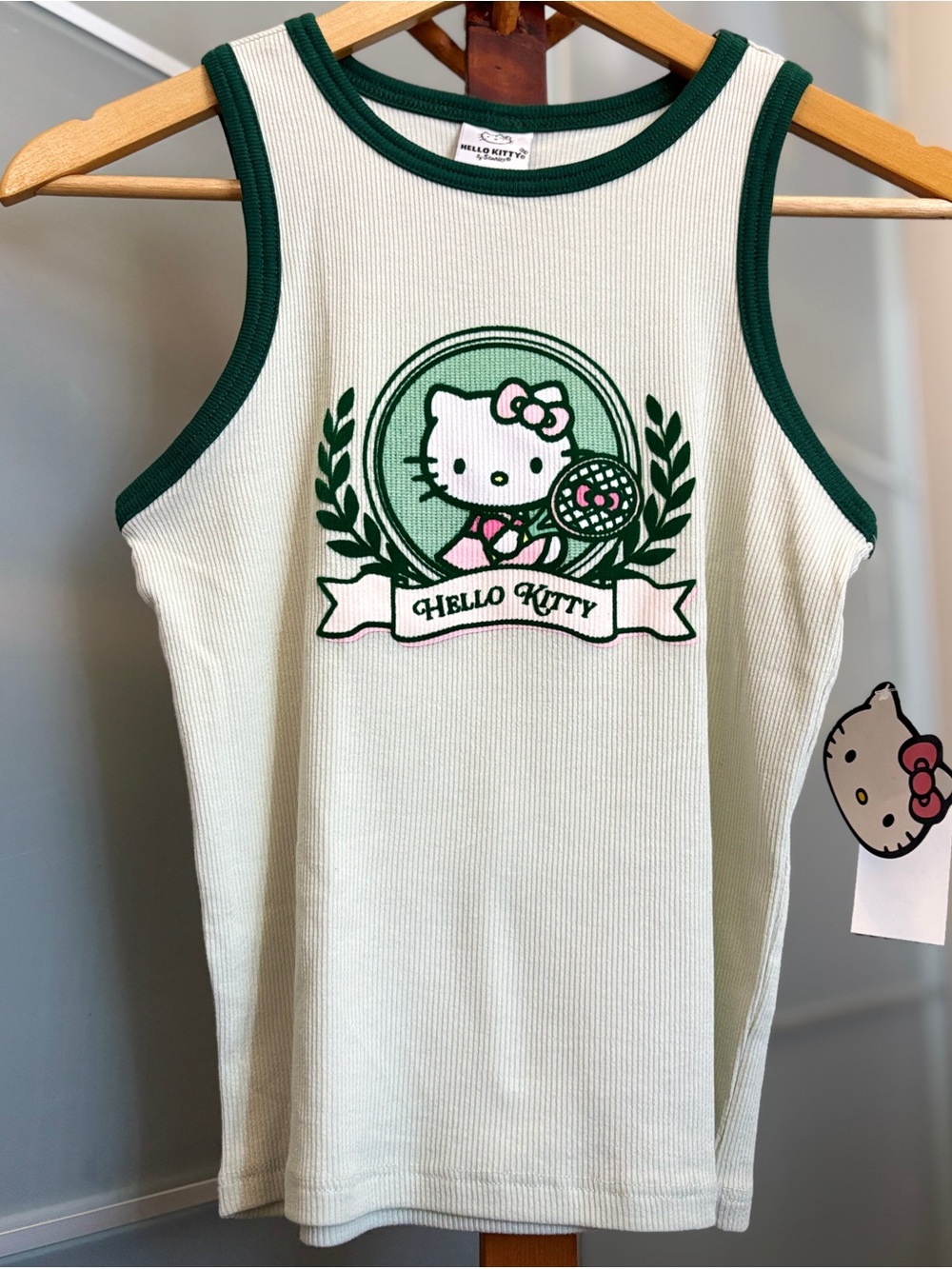 NWT Hello Kitty Sanrio Ribbed Tennis Graphic Tank Top Dark Green Trim Size Small